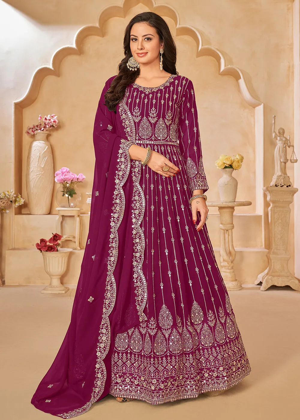 Rani Pink Resham Zari Embroidered Festive Anarkali Suit