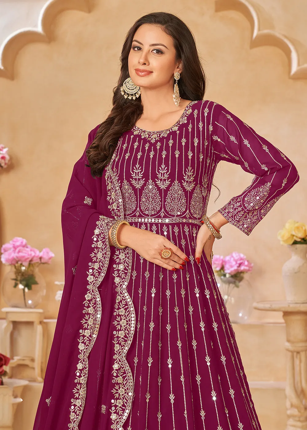 Rani Pink Resham Zari Embroidered Festive Anarkali Suit