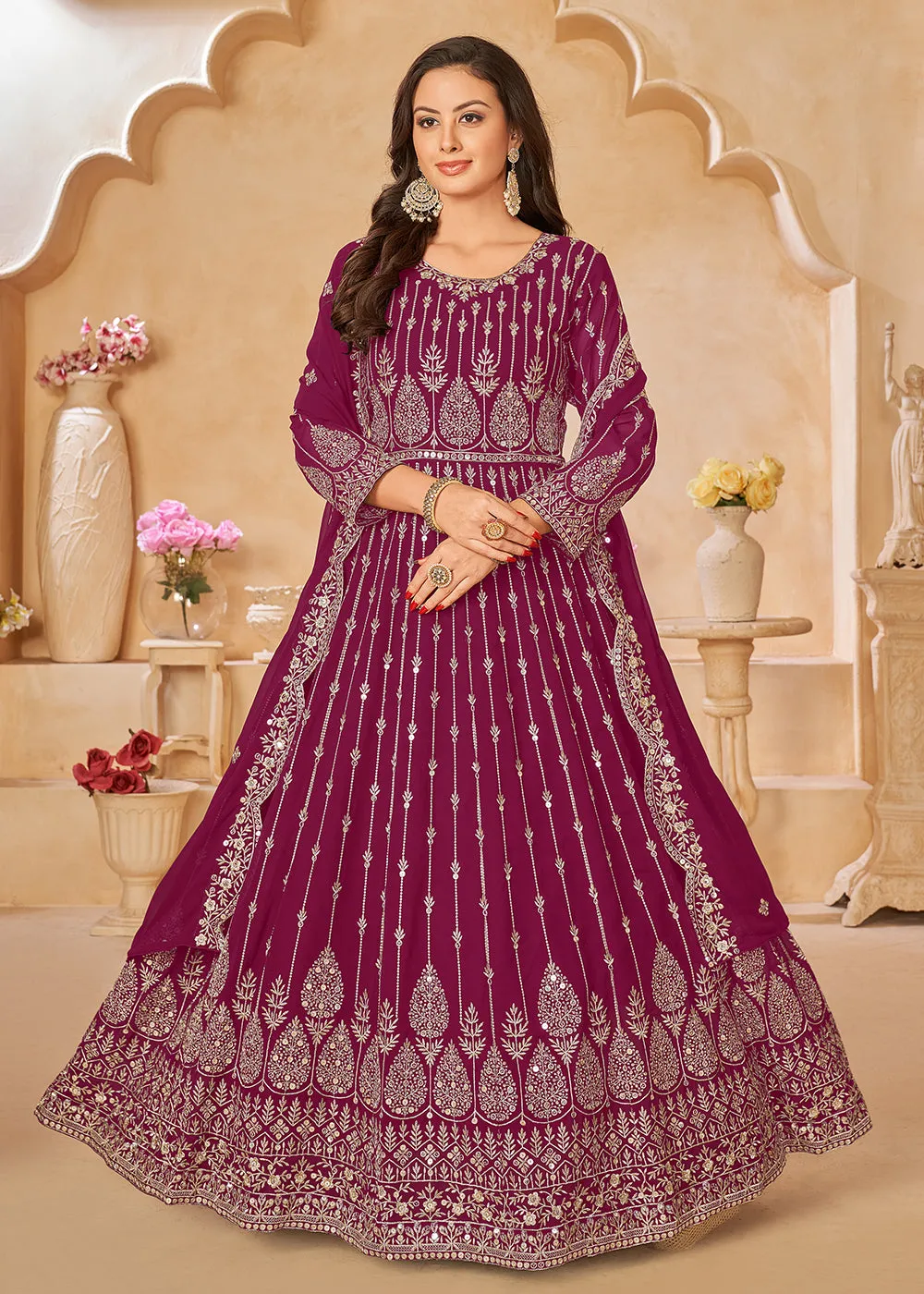 Rani Pink Resham Zari Embroidered Festive Anarkali Suit