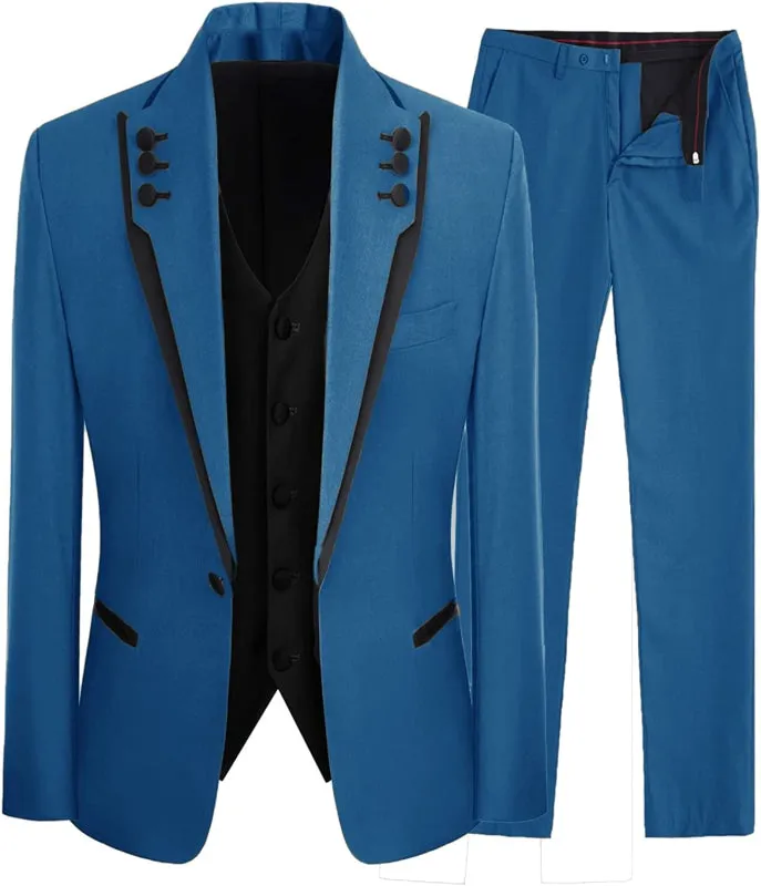 Shawl Lapel Three Pieces Prom Suits Blue Wedding Tuxedos