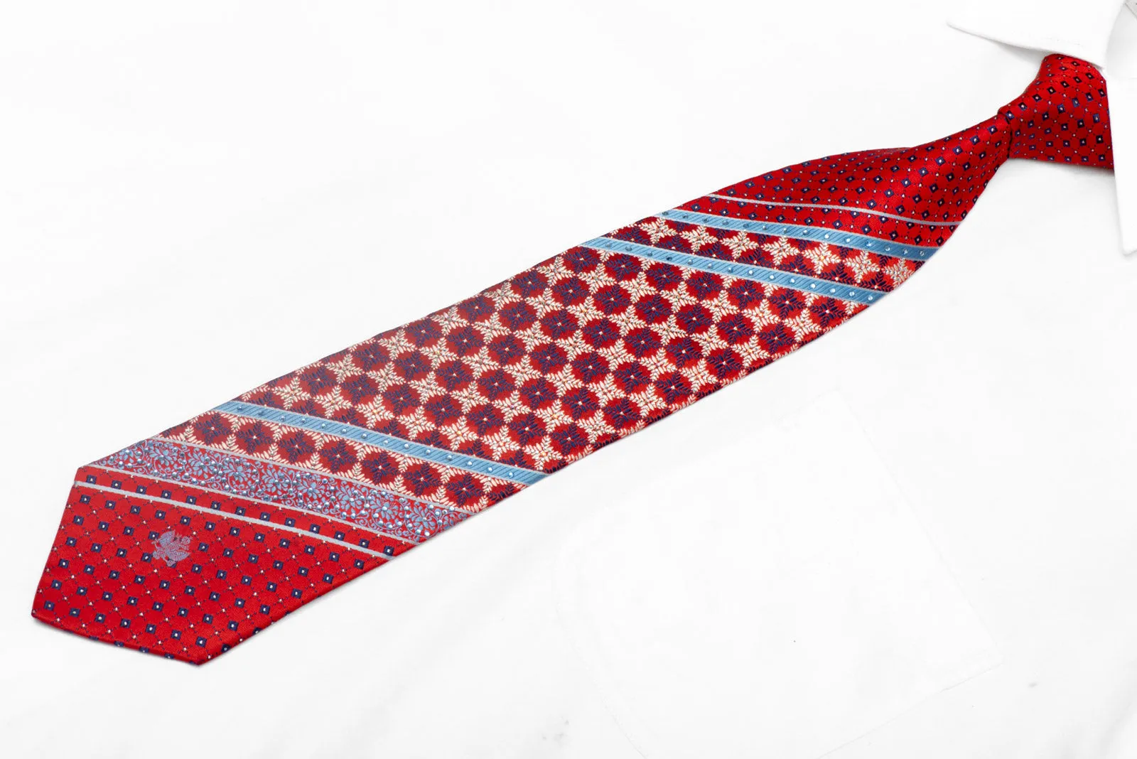 Silver Blue Geometric & Striped On Red Rhinestone Silk Tie With Sparkles