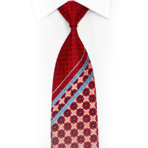 Silver Blue Geometric & Striped On Red Rhinestone Silk Tie With Sparkles