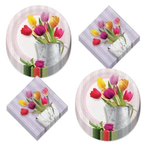 Spring Tulips Watering Can Paper Dinner Plates and Luncheon Napkins (Serves 16)