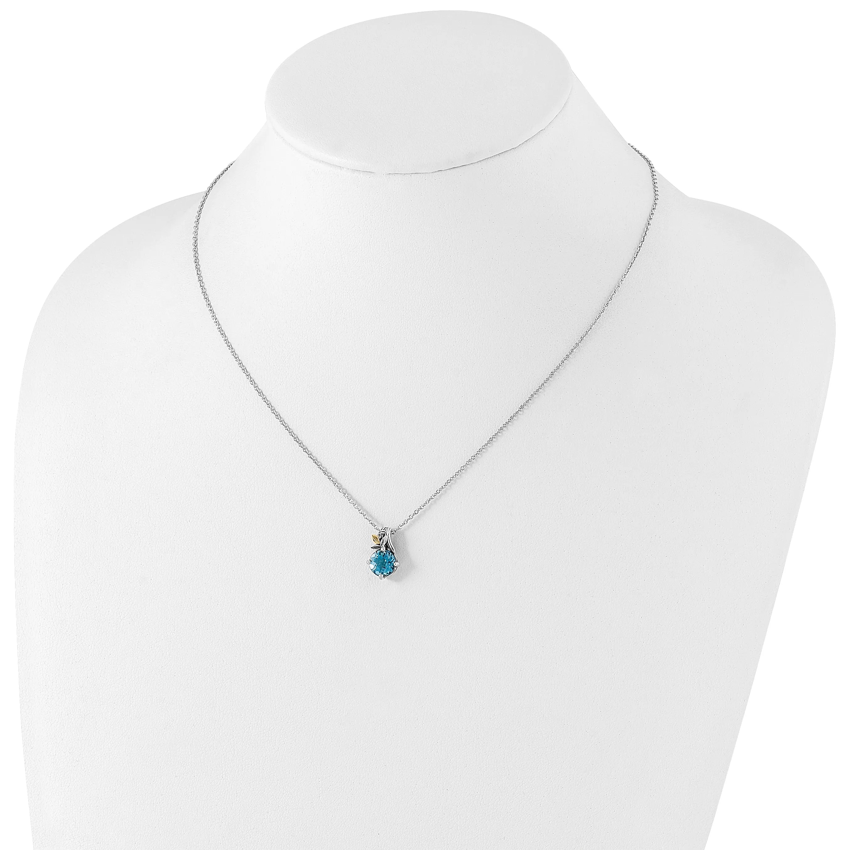 Sterling Silver w/14k Leaf Circle 1.96BT Swiss Blue Topaz Necklace