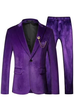 Stylish Purple Peaked Lapel Velvet Two Pieces Prom Suits for Men