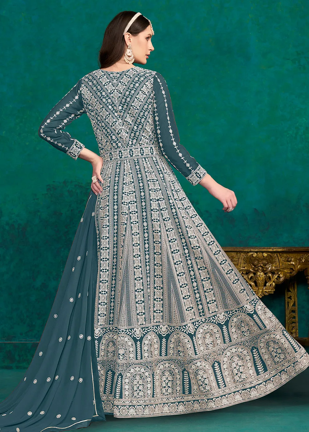 Teal Blue Lucknowi Embroidered Wedding Anarkali Suit