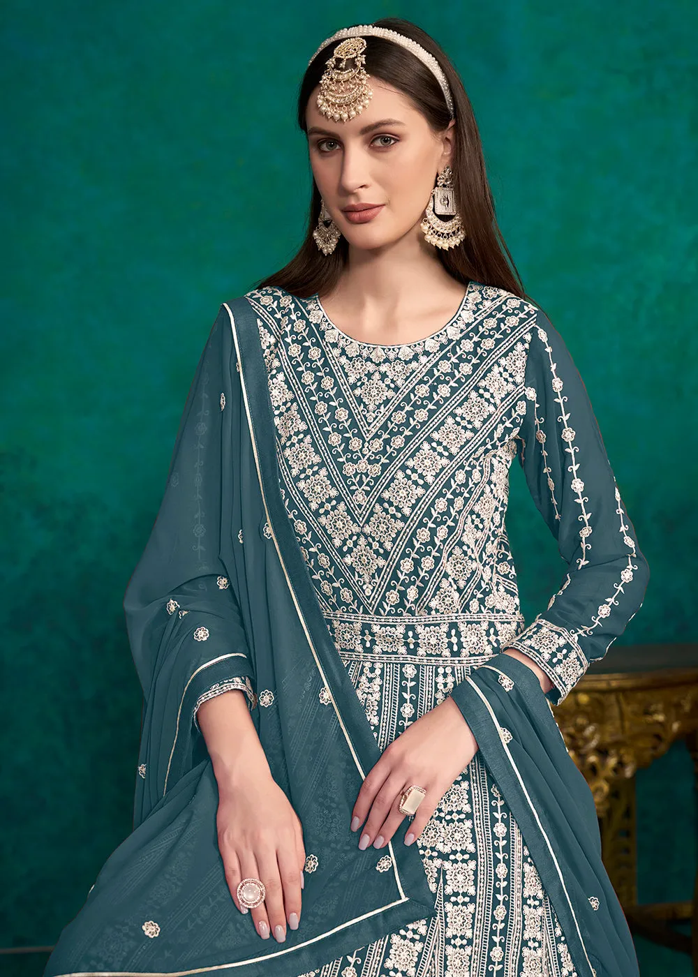 Teal Blue Lucknowi Embroidered Wedding Anarkali Suit