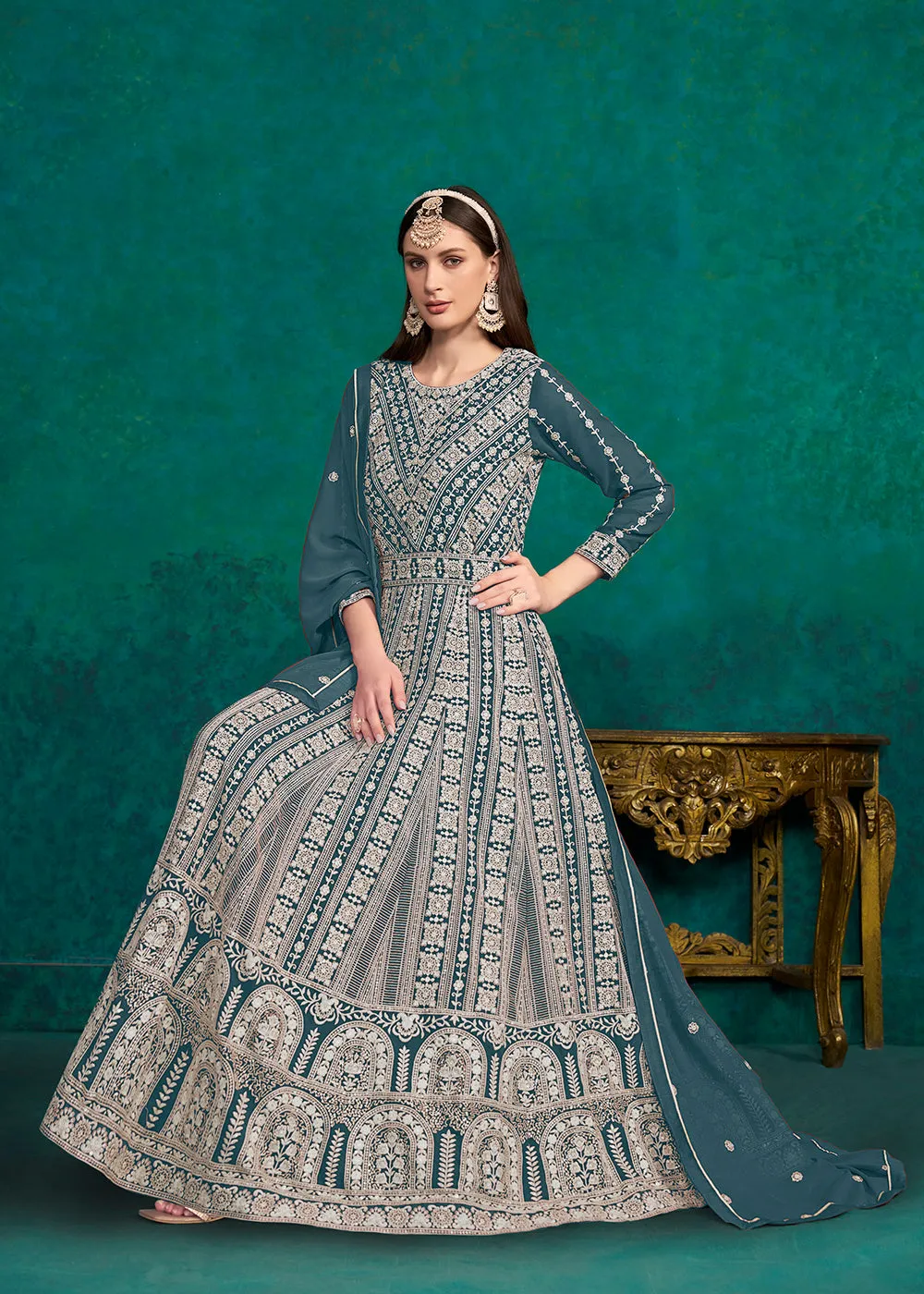 Teal Blue Lucknowi Embroidered Wedding Anarkali Suit