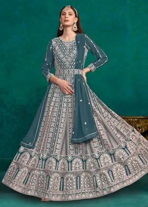 Teal Blue Lucknowi Embroidered Wedding Anarkali Suit