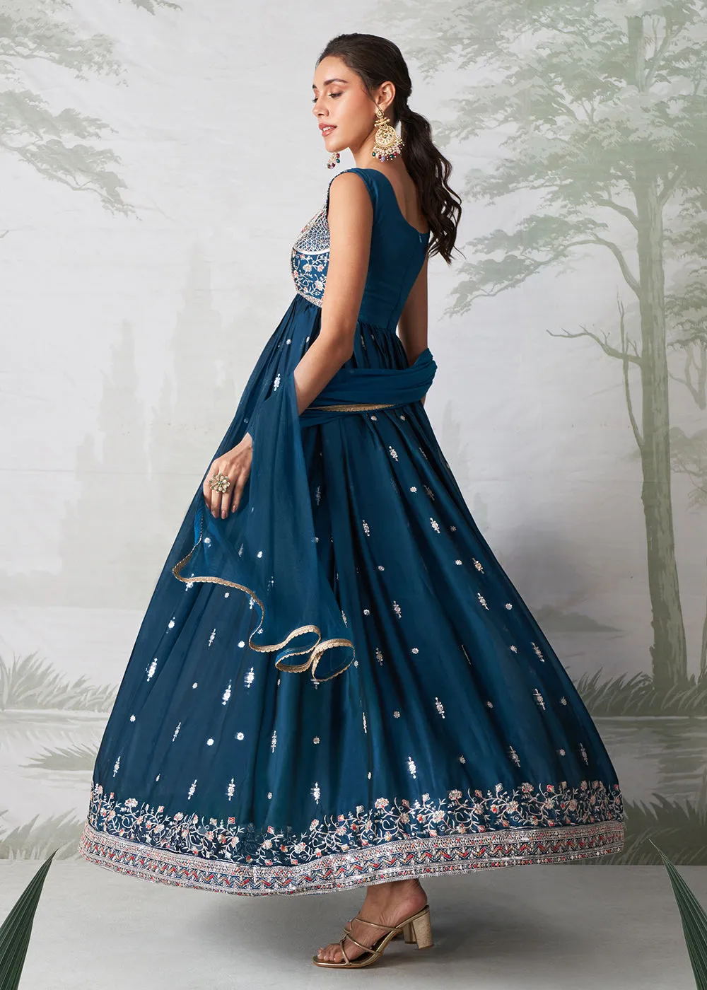 Teal Blue Multi Thread Embroidered Anarkali Style Suit