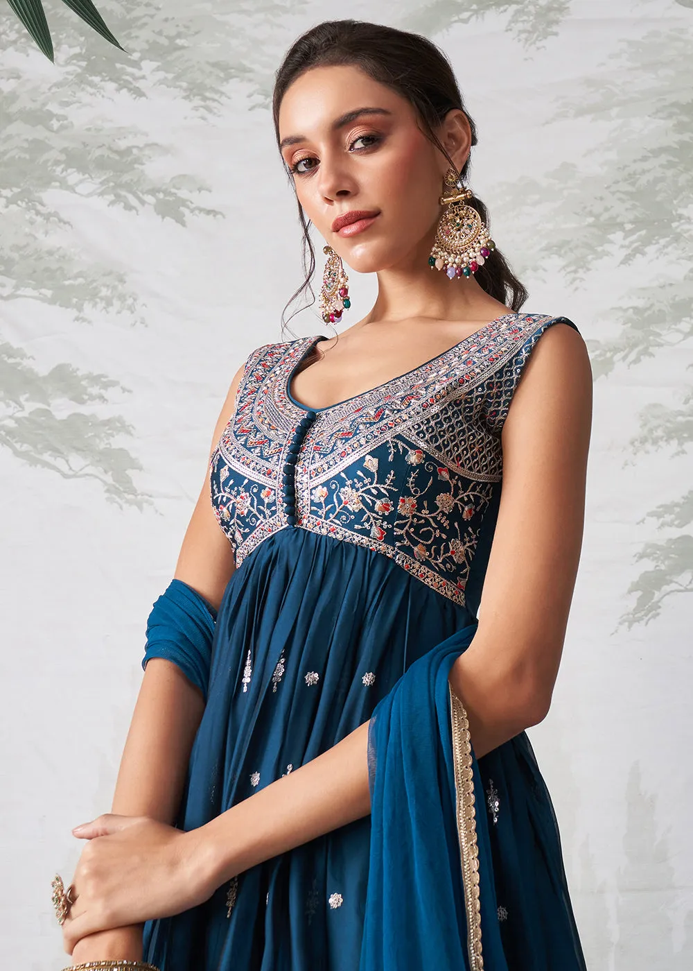 Teal Blue Multi Thread Embroidered Anarkali Style Suit