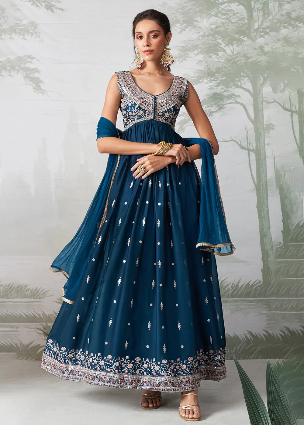 Teal Blue Multi Thread Embroidered Anarkali Style Suit