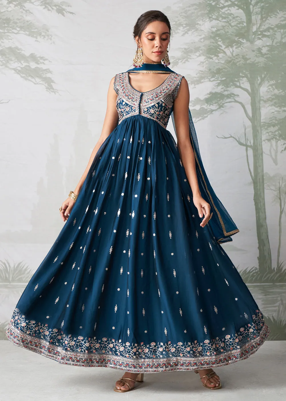 Teal Blue Multi Thread Embroidered Anarkali Style Suit