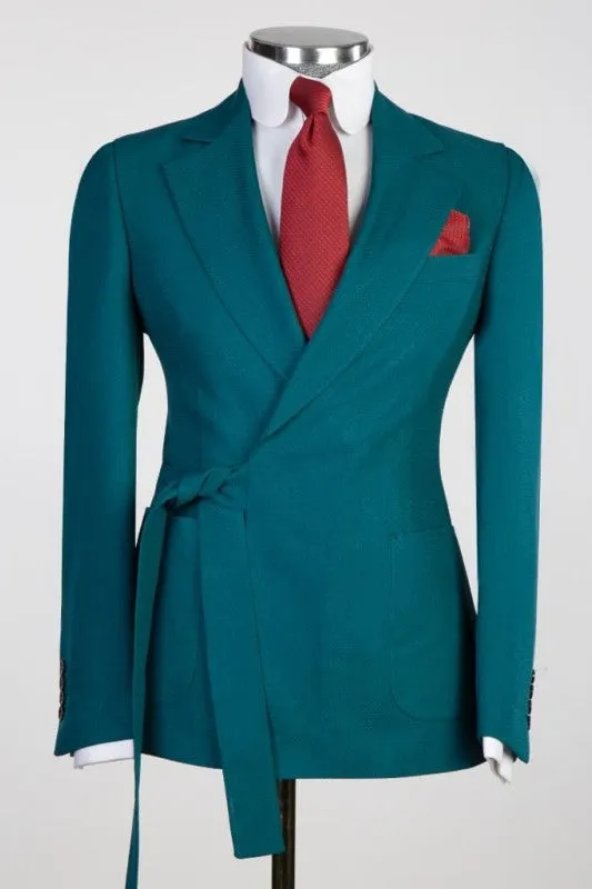 Teal Blue Notched Lapel Two Pieces Prom Suits with Belt