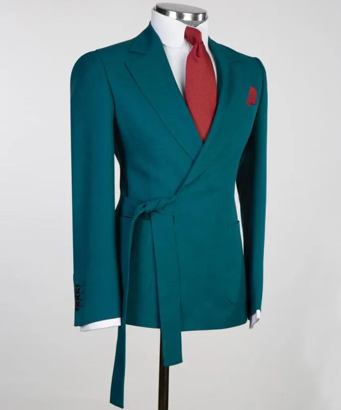 Teal Blue Notched Lapel Two Pieces Prom Suits with Belt