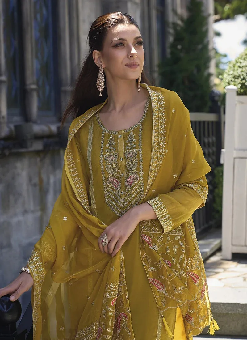 Trendy Festival Wear Mustard Yellow Embroidery Work With Soft Organza Salwar Suit