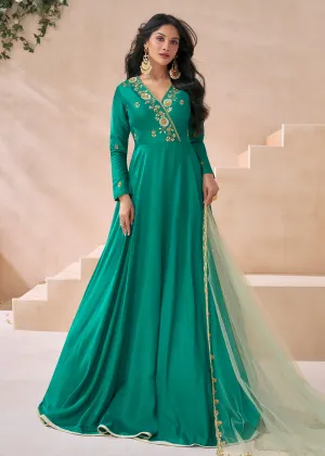 Trendy Rama Green Silk Embroidered Anarkali Gown