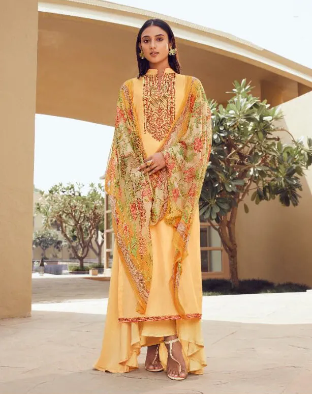 Unstitched Yellow Cotton Satin Salwar Suit Material with Chiffon Dupatta