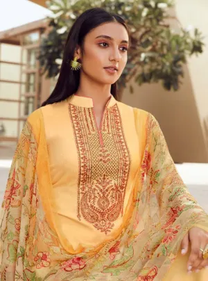 Unstitched Yellow Cotton Satin Salwar Suit Material with Chiffon Dupatta