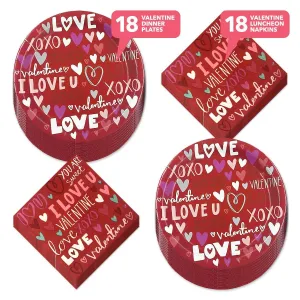 Valentine's Day Party Supplies (Valentine's Sayings Red Paper Dinner Plates and Luncheon Napkins)