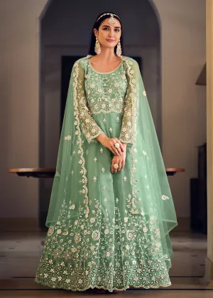 Wedding Wear Green Net Sequins Embroidered Anarkali Suit