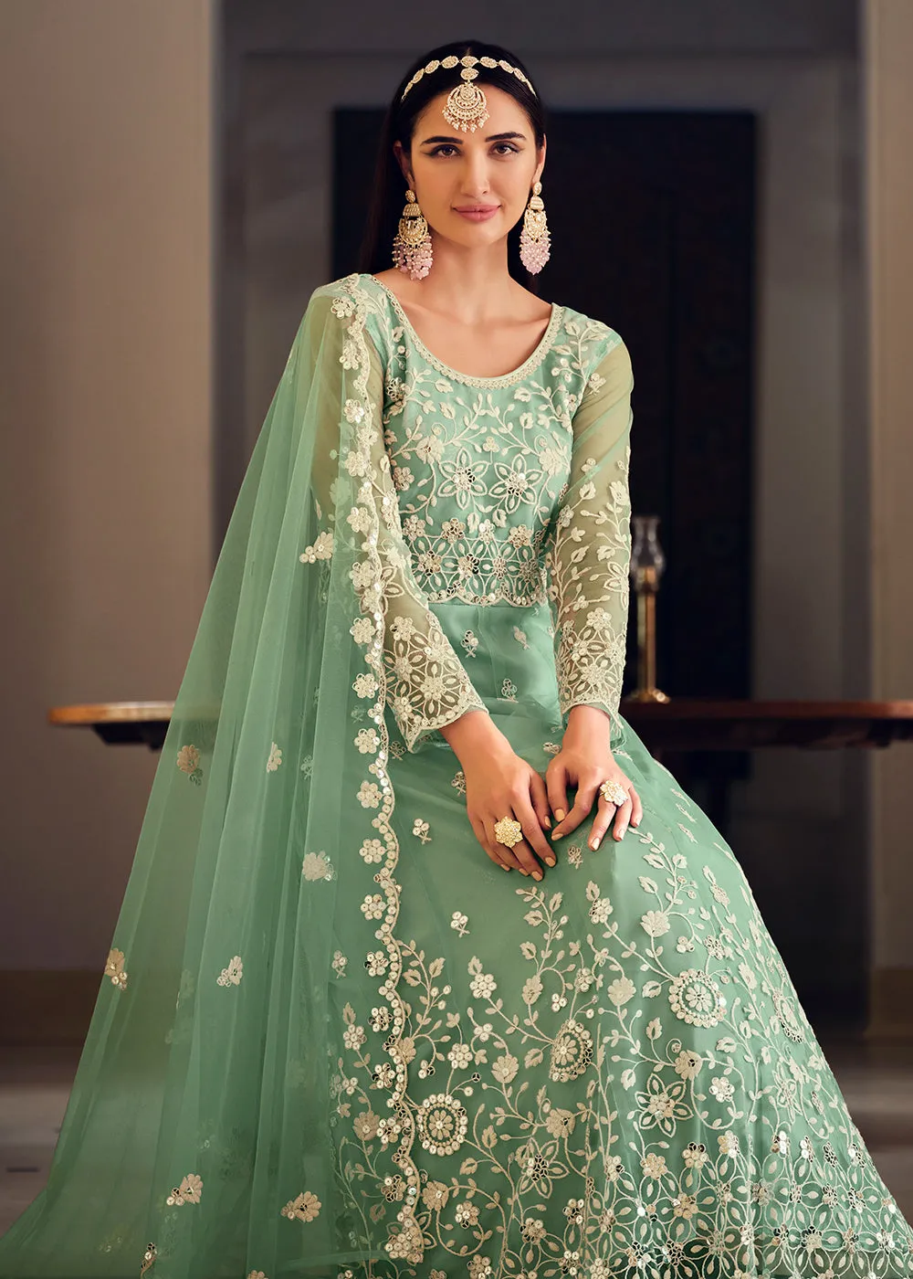 Wedding Wear Green Net Sequins Embroidered Anarkali Suit