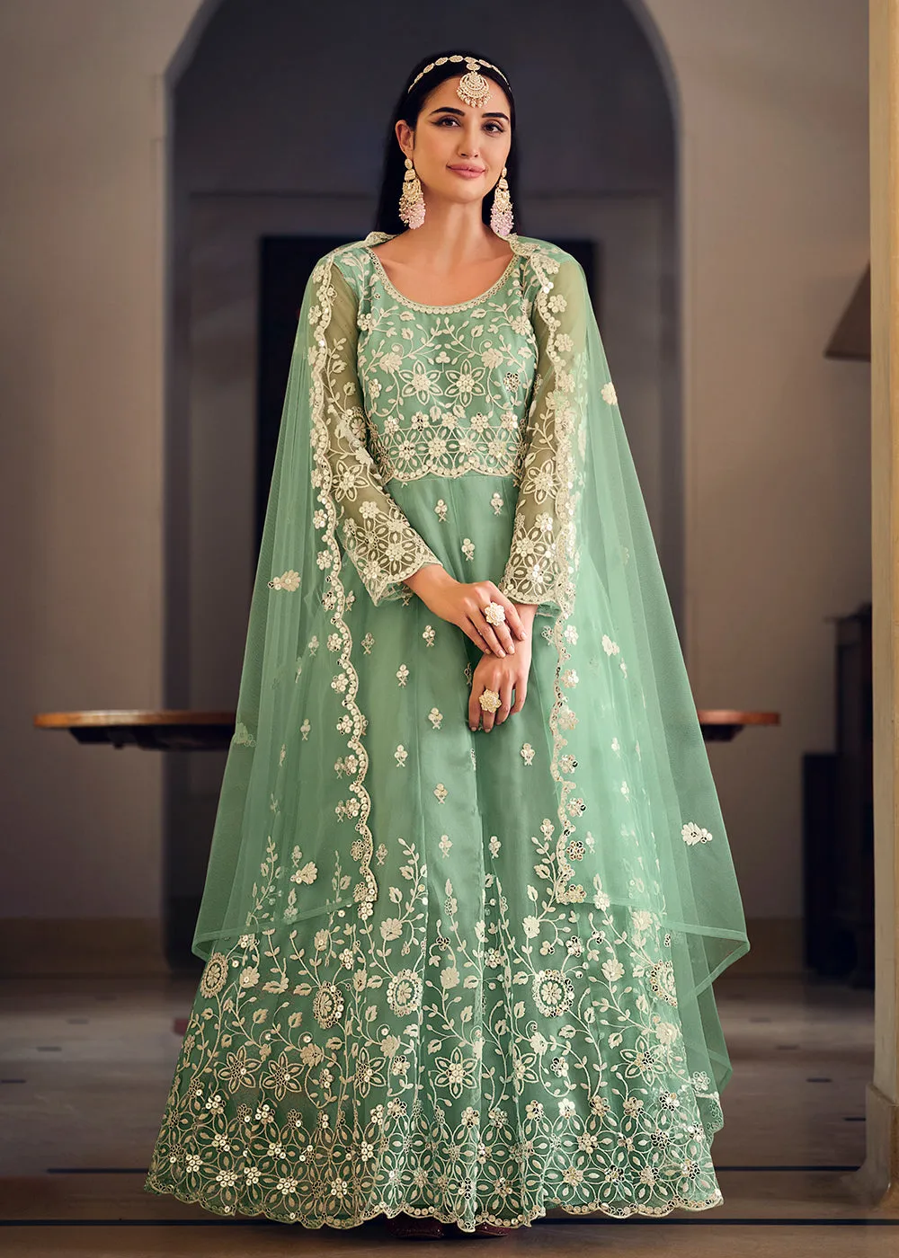 Wedding Wear Green Net Sequins Embroidered Anarkali Suit