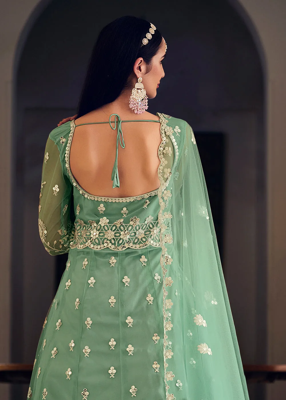 Wedding Wear Green Net Sequins Embroidered Anarkali Suit