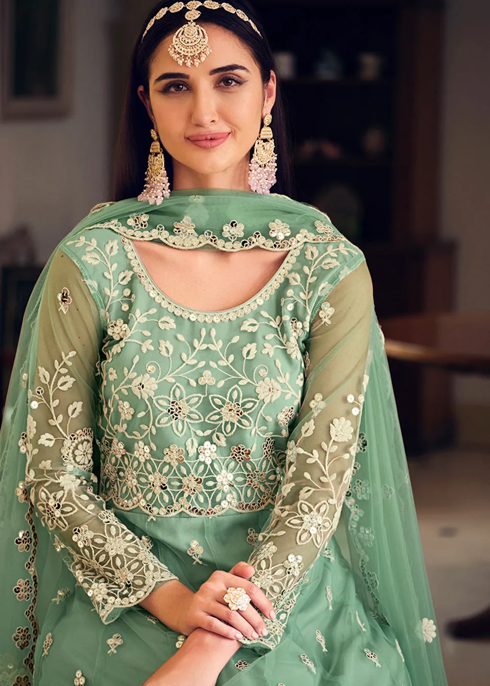 Wedding Wear Green Net Sequins Embroidered Anarkali Suit