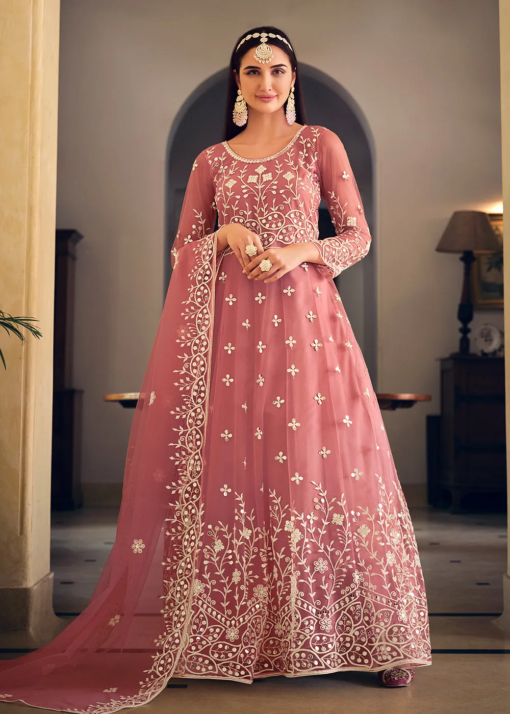 Wedding Wear Pink Net Sequins Embroidered Anarkali Suit